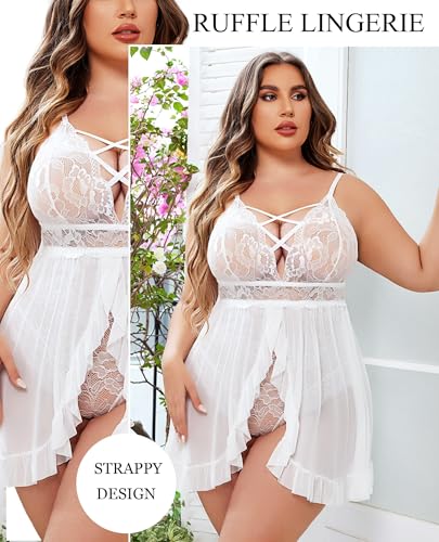 Image of SSoShHub Women's Plus Size Lingerie Beautiful Babydoll Snap Crotch Lace Chemise Ruffles Nightwear Bodysuit with Babydoll