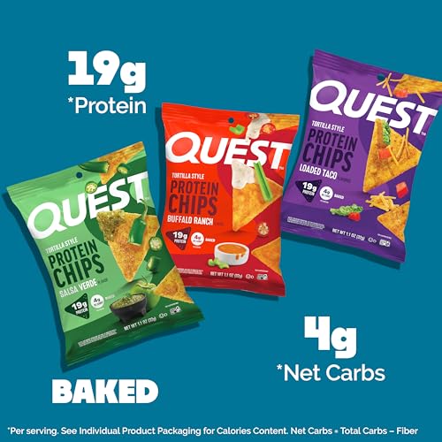 Image of Quest Nutrition Game Day Tortilla Style Protein Chips Variety Pack, Buffalo Ranch x4, Salsa Verde x4, Loaded Taco x4, 1.1 oz (Pack of 12)