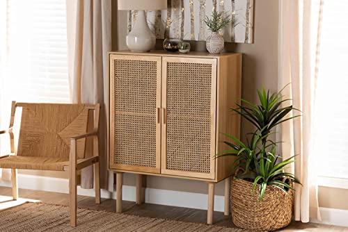 Baxton Studio Maclean Mid-Century Modern Rattan And Natural Brown Finished Wood 2-Door Storage Cabinet #TOP2