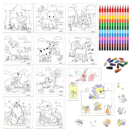HahaMagic, 12PCS Puzzles zum Bemalen, mit 12 Stapelbare Wachsmalstifte (12 Farben in 1), Puzzles Selber Gestalten, geeignet als Kindergeburtstag Gastgeschenke und kleine geschenke für kinder