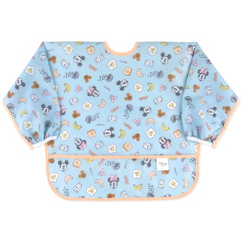 Image of Bumkins Disney Sleeved Bib for Girl or Boy, Baby and Toddler for 6-24 Mos, Essential Must Have for Eating, Feeding, Baby Led Weaning Supplies, Long Sleeve Mess Saving Food Catcher, Mickey and Minnie