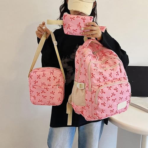 Bow Backpack for Women 3pcs Set, Kawaii Backpack Rucksack Aesthetic, Large Capacity Daypack with Crossbody Bag (Rose Red)3