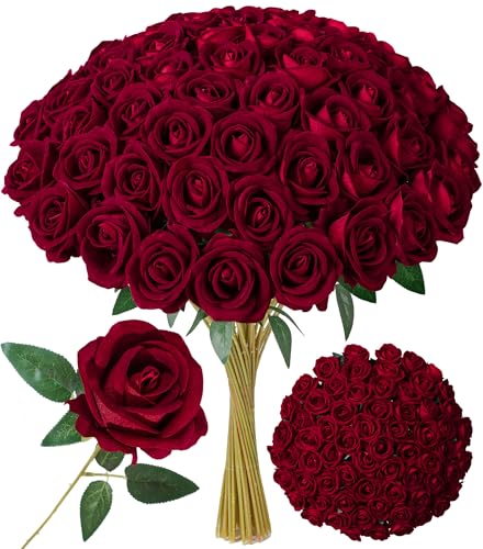 Image of INSPRING 50 PCS Burgundy Roses Artificial Flowers with Long Stems | Real Looking, Fake Roses, Silk Flowers, DIY Bouquet, Wedding Party Celebration Home Bridal Decoration Gift, for Her Wife