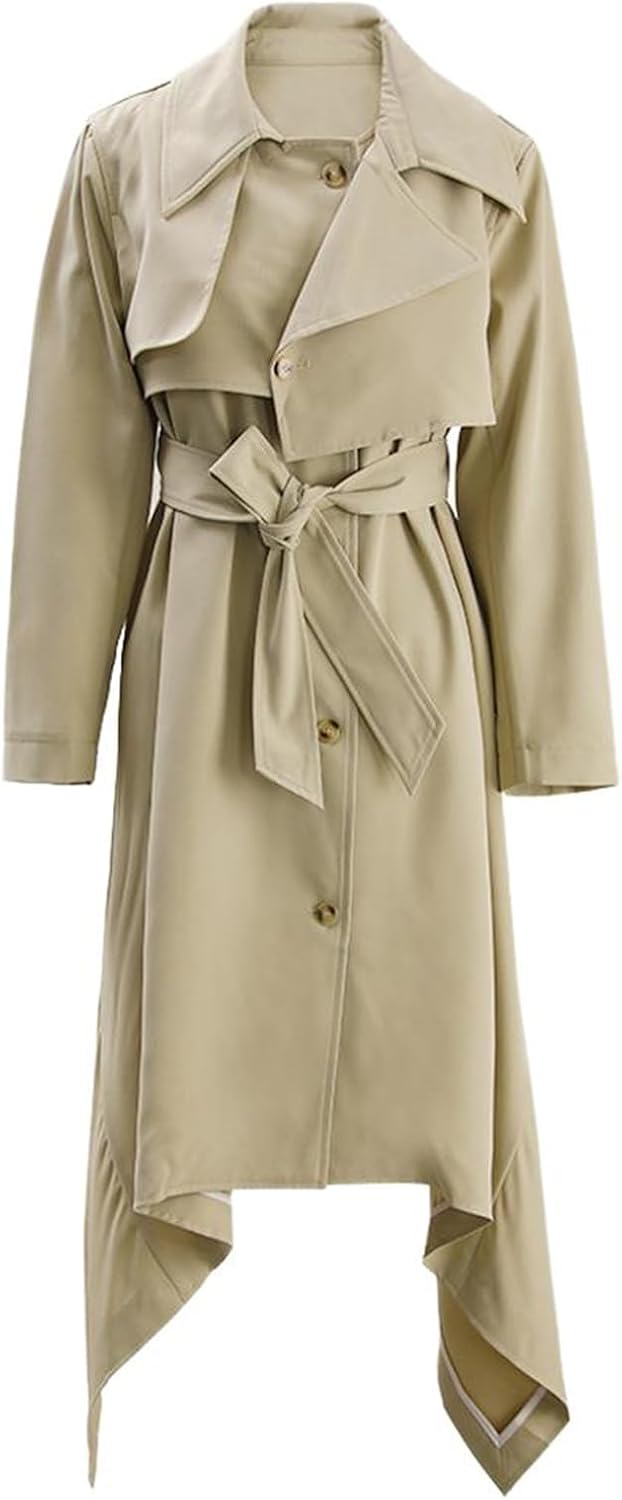 CHONG FENG XIA Women'S Coat French Style Spring Autumn Button Casual Long-Sleeve Trench Coat For Women Overcoat