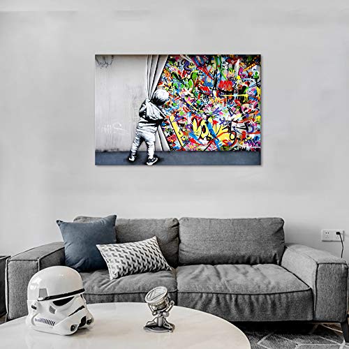 Yatsen Bridge Classic Street Art Banksy Graffiti Wall Art Behind The Curtain Posters Canvas Paintings Colorful Graffiti Pictures Prints Stretched And Framed For Living Room Home Decor(36''W X 24''H) #TOP4