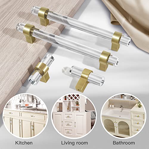 Bonkudoo Gold Crystal Glass Drawer Pulls Clear, 7-1/2 Inch Brass Cabinet Pulls Drawer Handles (192Mm, 5 Pack) #TOP1