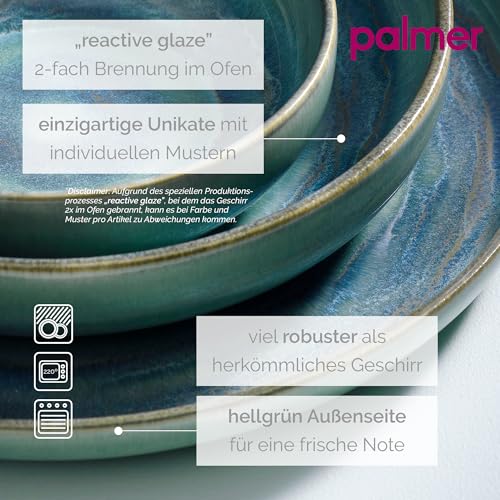 palmer Miami flache Teller-Set - 2er Set FrühStücksteller aus Steinzeug Ø 22 cm - Teller grün-blau - ofen-, mikrowellen- & spülmaschinenfest