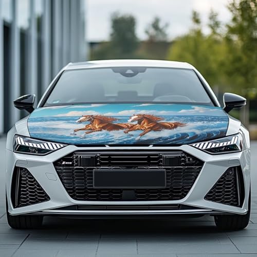 Image of Running Brown Horse Print Hood Covers for Cars, an All-Weather Waterproof Car Cover with a Windshield Snow Cover for Cars, Trucks, and Vans