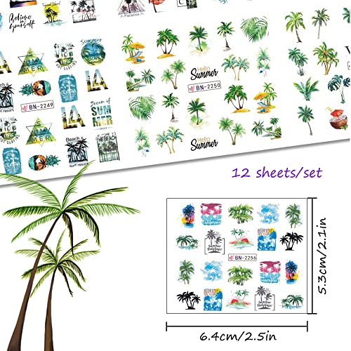 Summer Nail Stickers Coconut Palm Tree Nail Art Tropical Water Transfer Nail Decals 12 Sheets Beach Ocean 3D Diy Manicure Design Decor For Women Girl #TOP1