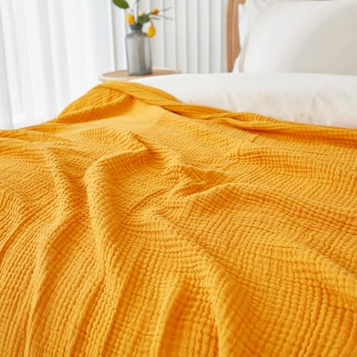 Image of EMME Muslin Blankets for Adults Throw Blanket for Couch Breathable Gauze Soft Lightweight Airy Mustard Yellow Twin XL 66 inch x 90 inch