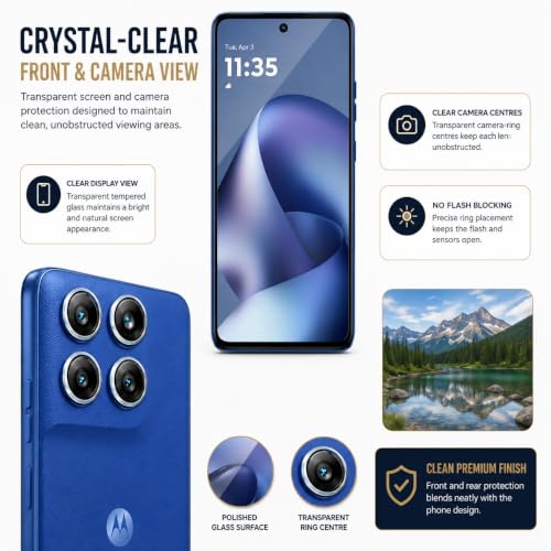 Image of ArmourPro Edge to Edge Tempered Glass for Motorola G77 Power with Blue Camera Ring Guard, 9H Screen Protector, Anti-Scratch, Anti-Fingerprint, Bubble-Free Installation Kit