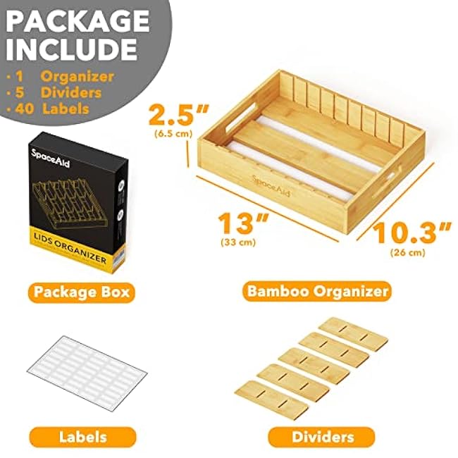 SpaceAid Natural Bamboo Lid Organizer with 5 Adjustable Dividers
