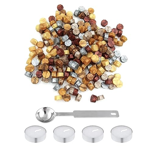 ChAusa 200 stuks zegelwasparels in metallic tinten, achthoekige zegellakkralen, retro zegellak, antieke zegellak, zegellak voor uitnodigingen, kaarten, enveloppen met 1 smeltlepel, 4 kaarsen