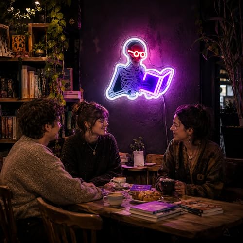 Image of Purple&White Neon Sign Led Neon Lights Signs for Wall Decor USB Powered Led Signs for Room Decoration-Skeleton Read Book