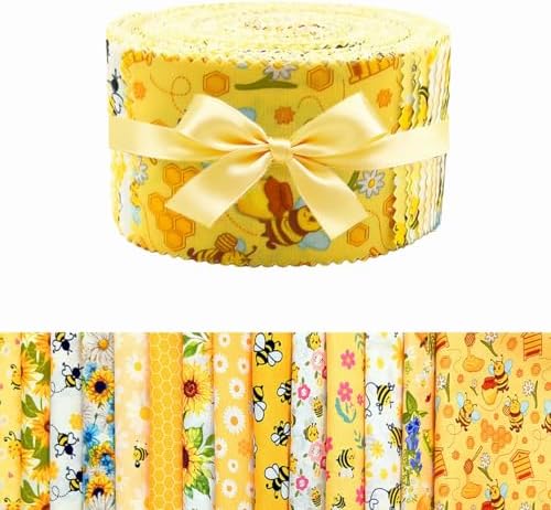 42 Pcs Yellow Bee Floral Fabric - Precut Quilt Sewing Quilting Cotton Fabric for DIY Craft 19.5"x2.5"