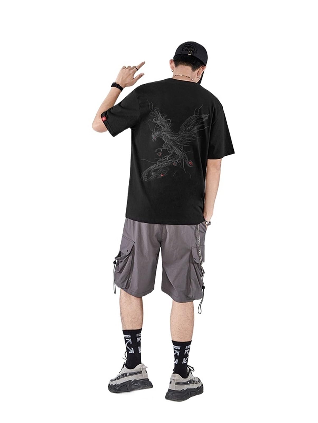 T-Shirt Streetwear Aesthetic Graphic Phoenix Embroidery T-Shirt Relaxed Tee Shirt Men(Black,Large)