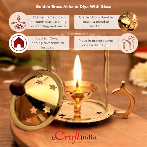 Image of eCraftIndia Golden Brass Akhand Diya with Glass Cover and Holder- Diwali Decoration Items for Home Decor- Gift for Diwali Housewarming