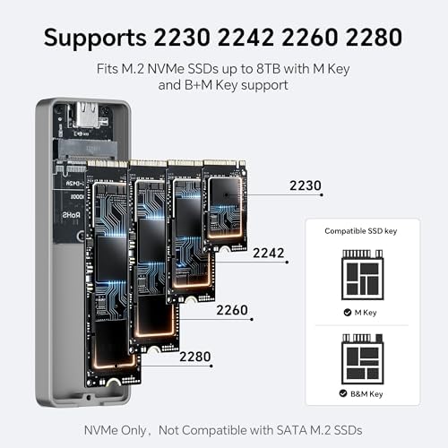 TR HR-EB101 AC Grey M.2 NVMe SSD Enclosure, 10Gbps USB-C, 2230-2280 | CNC aluminum housing, thicker thermal pads, dual cables, UASP/TRIM/S.M.A.R.T support, NVMe only, SSD not included