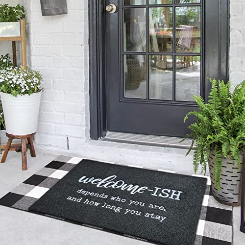 Large Door Mat Outdoor Entrance Durable Welcome Mat For Front Door Outside Entryway Funny Doormat Non Slip Rubber Back Rugs Black Welcome-Ish Low Profile Mats For Entry Patio Shoe Rugs, 24"X36" #TOP6