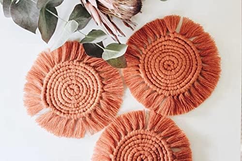 MTRXX Handmade Macrame Coasters Set of 4 – Round Cotton Drink Mats in Blush Pink, 4-Inch Boho Coasters for Tea, Coffee & Home Decor, Woven Table Accessories