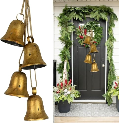Harmony Farmhouse - Juego de 4 campanas rústicas de Navidad doradas para puerta, jardín, hogar, decoración de árbol