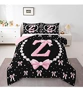 Erosebridal Pink and Black Bow Initial Twin Comforter Set - Monogrammed Z Ribbon Bows Bedding Set...