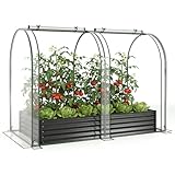 HOMASIS 3 in 1 Gewächshaus mit Hochbeet, Foliengewächshaus mit PVC-Abdeckung, Frühbeet aus Metall, Tomatenhaus Treibhaus mit 2 Fenstern, Blumenkasten für Garten Balkon (Schwarz, 198x100x145cm)