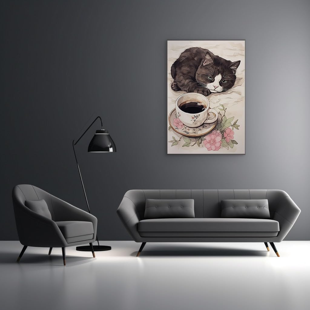 Canvas for Living room. Whiskers and Warmth: A Watercolor Fusion of Feline Serenity and Coffee Comfort, 27 x 18 inch Canvas Wall Art - Ready to Hang - 69x46 cm (27x18 inch)