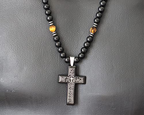Cross Necklace Men's Natural Tiger Eye Black Onyx Beaded Protection Long Adjustable Healing Gemstone Macrame Necklace Gift For Him Unisex #TOP3