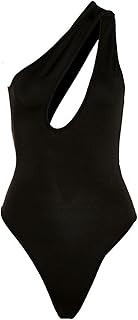 loom tree LOOM TREE® Womens One Shoulder Bodysuit Jumpsuit Cut Out Top Sleeveless Plain M Black-picture-15