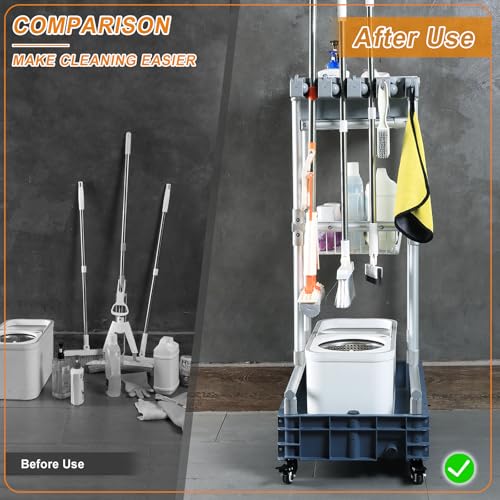 Rolling Cleaning Cart with Mop & Broom Organizer , Convenient Storage Cart for Janitorial Supplies, Tools, and Cleaning Equipment , Floor Cleaning Station with Wheels for Housekeeping, Garage &Garden