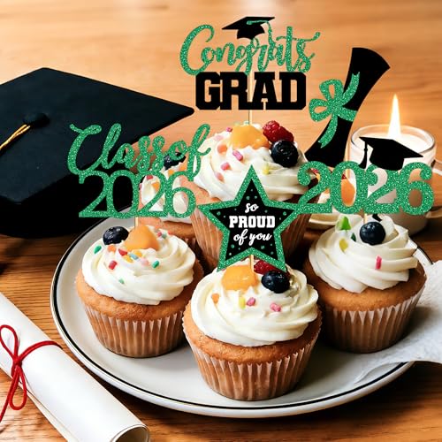 Image of 48 PCS Grad Cupcake Toppers, Glittery Congrats Graduation Cake Topper, 6 Styles Graduation Decorations, Black and Green Cap and Diploma Cake Picks for Class of 2026 Grad Party Decorations Supplies