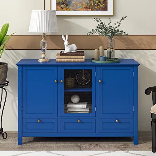 Quarte Modern Storage Cabinet, 44.9'' Console Table W/ 2 Doors, 3 Drawers And Adjustable Shelves, Buffet Sideboard For Kitchen Dining Room Hallway (Blue-02) #TOP2