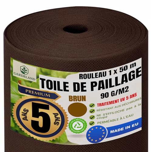 GARDELAND Toile de Paillage Marron Géotextile Non Tisse -Premium 5 Ans Protection UV- Rouleau de 50 Mètre x 1 Mètre -Toile Anti Mauvaises Herbes 90gr/m2 - NE S'EFFILOCHE Pas à la Coupe Fabriqué en UE