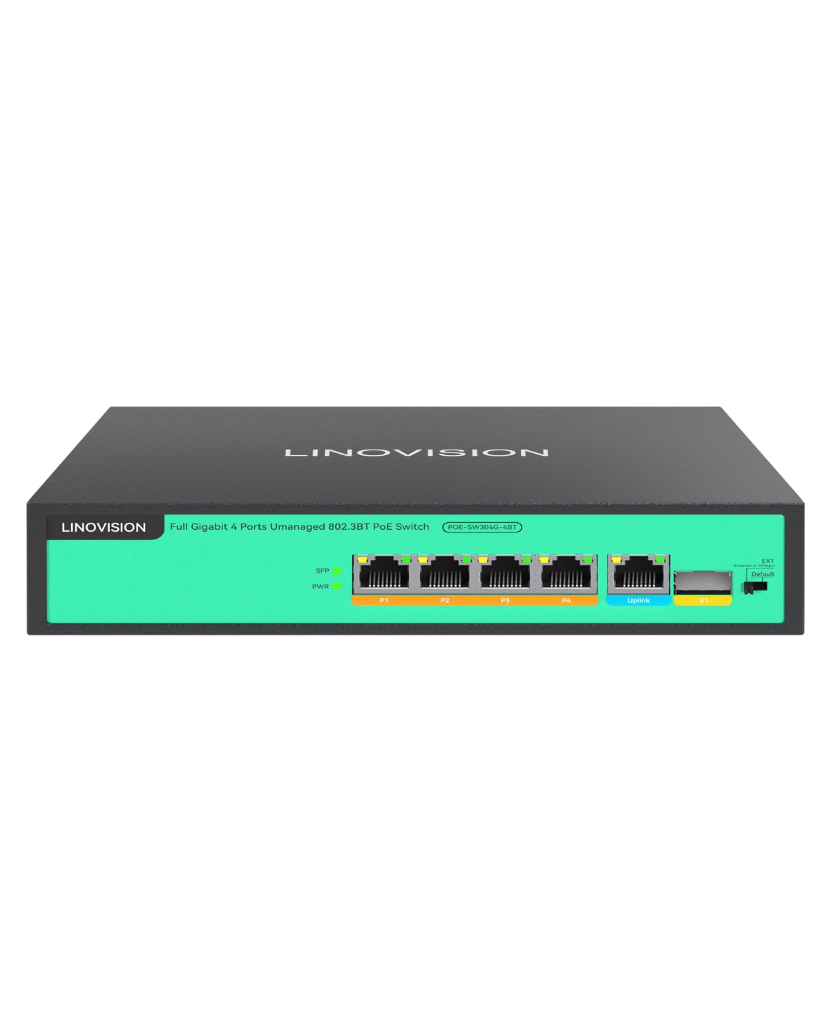 LINOVISION Switch Poe a 4 Porte Full Gigabit Poe, 4* Porte BT 90W, 1* GE e 1* Gigabit SFP Uplink, IEEE 802.3 AF/at/BT, Power Budget Totale 96W, 250m Long Distance