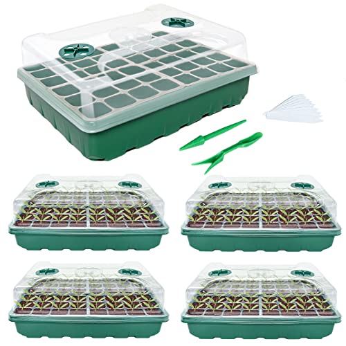 AQUEENLY Seed Starter Tray Kit 5-Set Seed Starter Kit Seed Trays with Humidity Dome and Base Seed Germination Kit Seedling Tray Greenhouse Trays for Seeds Growing Starting, 48Cells per Tray Total 240