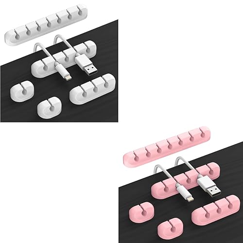 Paquete de 5 organizadores de cables blancos y paquete de 5 organizadores de cables rosados, solución para organizar tus cables, cables, cables