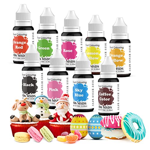 ROUCLO Lebensmittelfarbe 9x10ml Flüssige lebensmittelfarben Farben-Food Coloring für Set für Kuchendekoration,Macarons,Donuts,Fudge,Zuckerguss, DIY Seifen,Eis, Seifenfarbe, Spritzpistolenfarbe