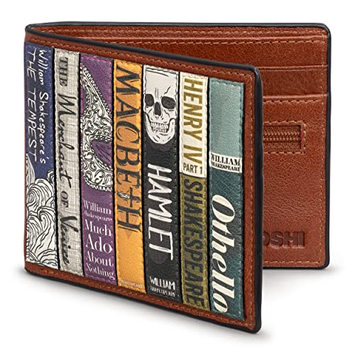 Yoshi William Shakespeare Bookworm Men's Leather Wallet, Genuine Brown Leather Wallet, RFID Blocking Wallet, Bifold Wallets for Men
