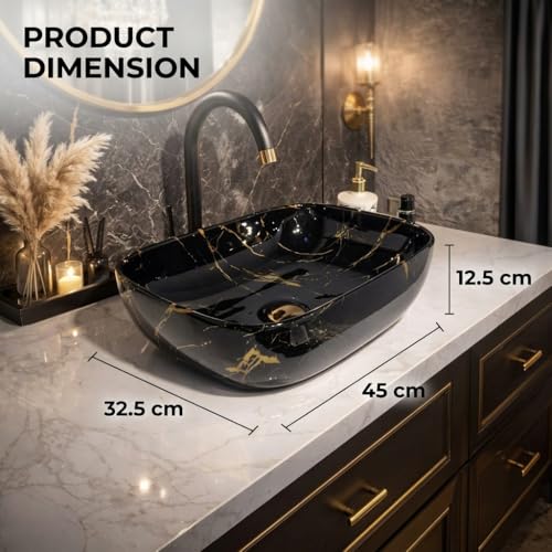 Image of Ceramic Tabletop Wash Basin - Glossy Rectangular Countertop Vessel Sink with Marble Finish for Bathroom & Vanity | Compact 18 x 13 x 5 Inch | Elegant Washbasin