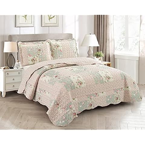 Brilliant Sunshine Rose and Sage Quilt Set, 3-Piece Bedding Set, Traditional Patchwork Design, Washable and Reversible Bedspread, Soft Lightweight Coverlet, All-Season, Full/Queen, Light Rose Sage Cover