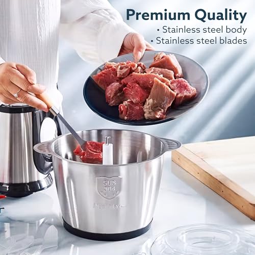 AGARO Delite Vegetable & Meat Chopper for Kitchen, Garlic Peeler, Egg Whisker, 2L Bowl, 400W Motor, 3 Speed Settings, Meat Grinder, Vegetable Mixer, Stainless Steel Body, Onion, Garlic, Fruits. 5 51TPJmqebEL