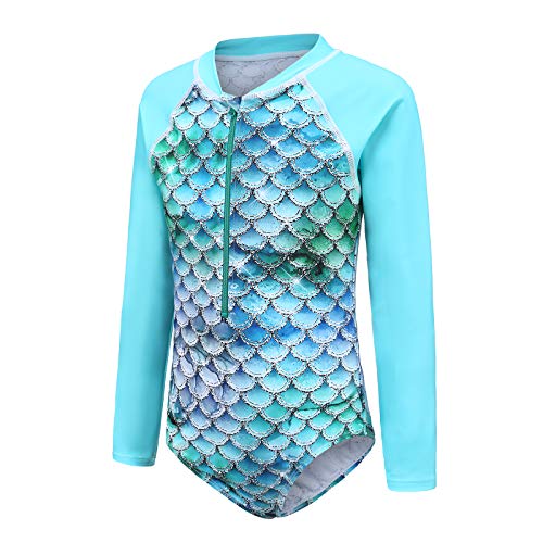 Image of Moon Tree Girls One Piece Swimsuits Long Sleeve Rash Guard Zipper Front Bathing Suit UPF 50+