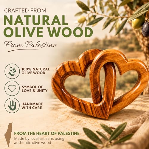 Premium Olive Wood Hearts Organic Gifts for Couples Engagement Love Ornaments Handmade from Authentic Palestinian Hanging Plaque Presents Together Forever Two Sculpture.
