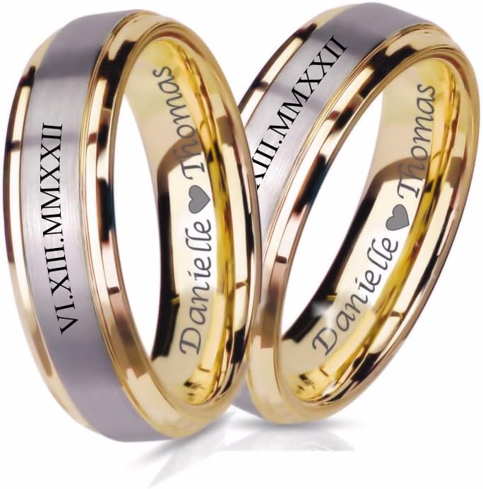 Miniatura 2 de Juego de anillos de acero inoxidable de plata y oro personalizado grabado gratis - Se envía desde Estados Unidos, Acero inoxidable, Sin piedras