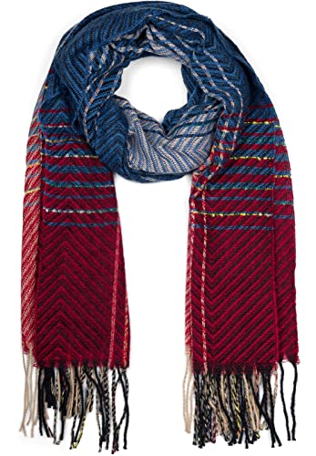 styleBREAKER Damen Feinstrick Schal mit bunt gestreiftem Zick-Zack Muster und Fransen, warme Winter Stola mehrfarbig 01017149, Farbe:Blau-Bordeaux-Rot