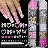 LEPGUYO Kit de Bijoux Ongles 12 Compartiments, Papillon 3D Argent Or Perle Cœur Fleur, Avec Crayon de Strass & Applicateur, Déco Ongle pour Femmes