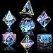 AUSTOR 7-Die DND Dice Set Handmade Sharp Edge Polyhedral Dice for Dungeons and Dragons D&D RPG MTG Table Games（Electroplating Black&Blue,Gold）