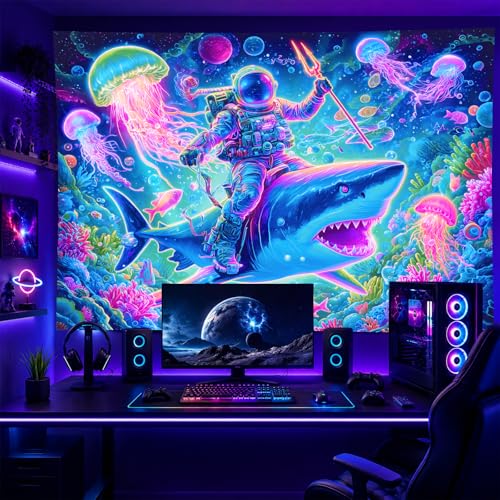 Image of BlissYard Neon Astronaut Shark Black Light Tapestry UV Reactive Psychedelic Underwater Galaxy Wall Hanging for Living Room Bedroom Dorm Room Bar Party Decor 78x59 Inch