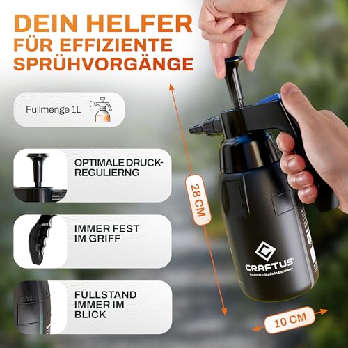 CRAFTUS® Drucksprüher 1L für gleichmäßige Verteilung von Flüssigkeit I Pumpsprühflasche für den Haushalt [EPDM] I Pumpflasche mit Überdruckventil & Verstellbarer Düse
